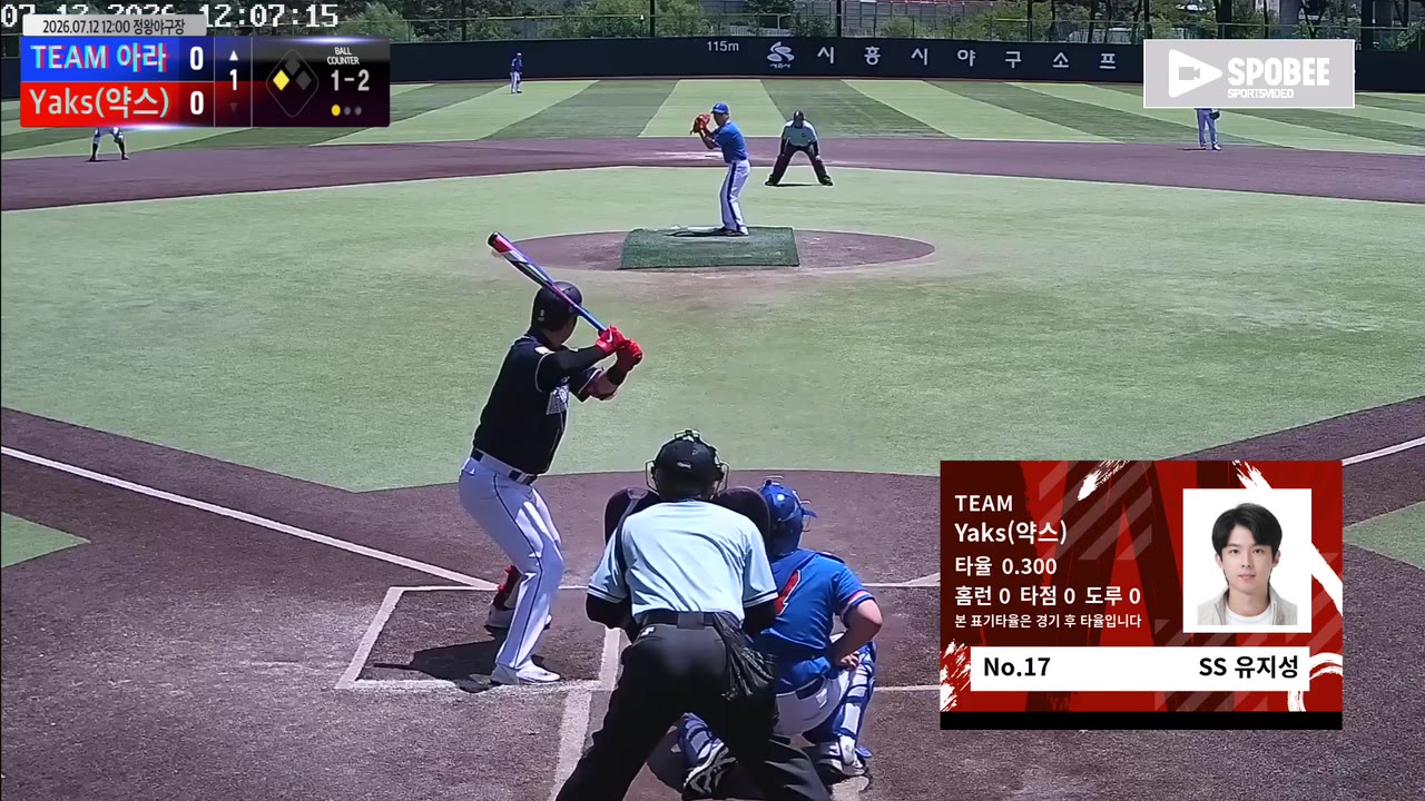 유지성(17번, Yaks(약스)) 볼넷 클립 | vs TEAM 아라 | 7/12 (정왕야구장)