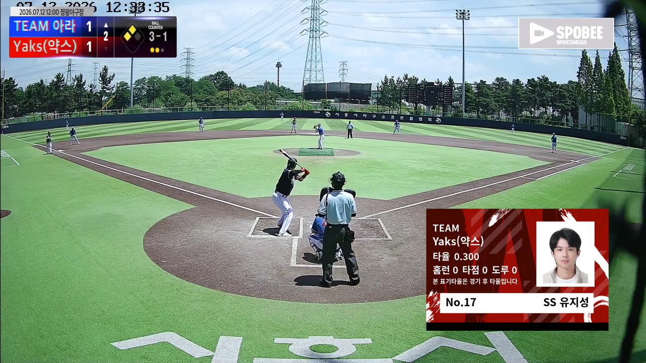 유지성(17번, Yaks(약스)) 2루타 클립 | vs TEAM 아라 | 7/12 (정왕야구장)