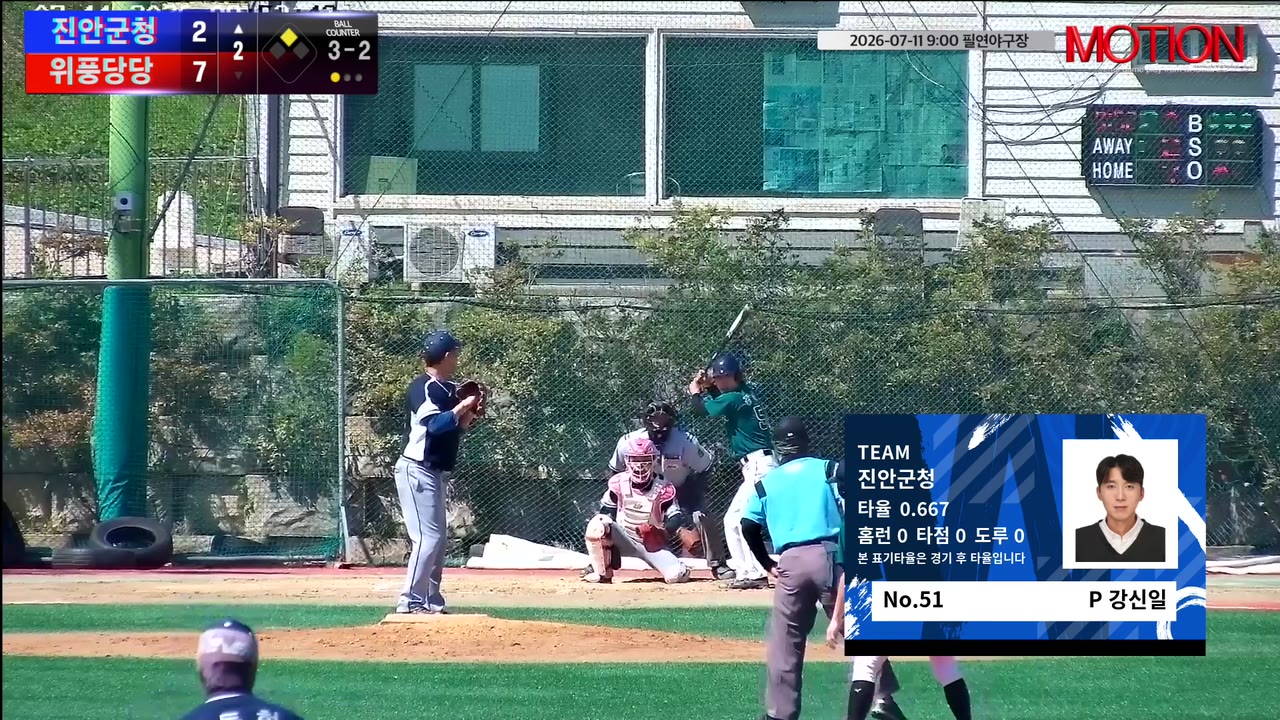 강신일(51번, 진안군청) 볼넷 클립 | vs 위풍당당 | 7/11 (필연야구장)
