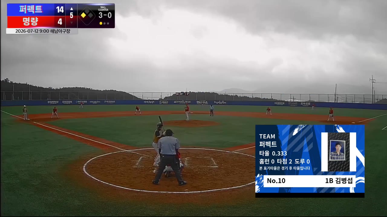 김병섭(10번, 퍼펙트) 볼넷 클립 | vs 명량 | 7/12 (해남야구장)