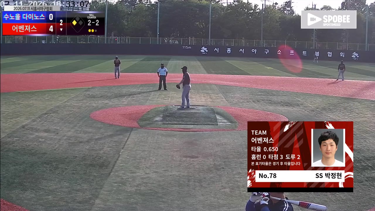 박정현(78번, 어벤져스) 2루타 클립 | vs 수노을 다이노스 | 7/11 (소망야구장)
