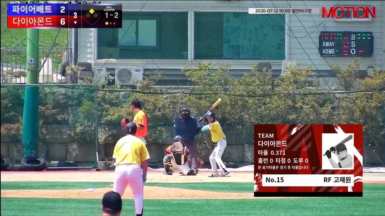 고재원(15번, 다이아몬드) 볼넷 클립 | vs 파이어배트 | 7/12 (필연야구장)