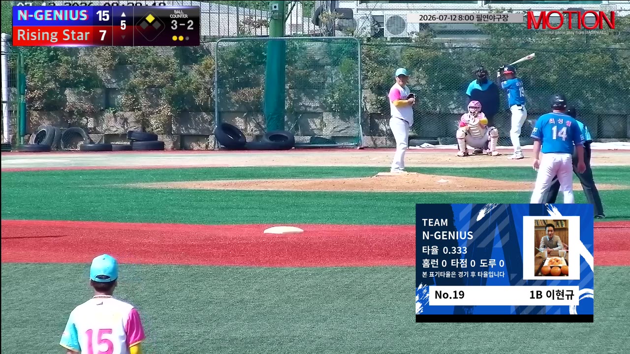 이현규(19번, N-GENIUS) 볼넷 클립 | vs Rising Star | 7/12 (필연야구장)