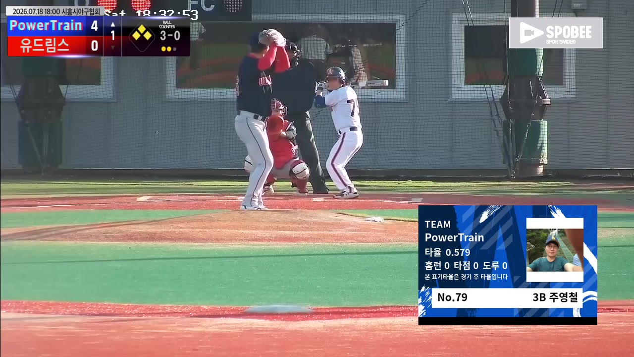주영철(79번, PowerTrain) 볼넷 클립 | vs 유드림스 | 7/18 (에코피아야구장)