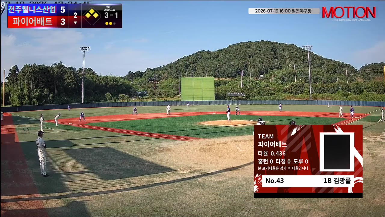 김광률(43번, 파이어배트) 1루타 클립 | vs 전주웰니스산업 | 7/19 (필연야구장)