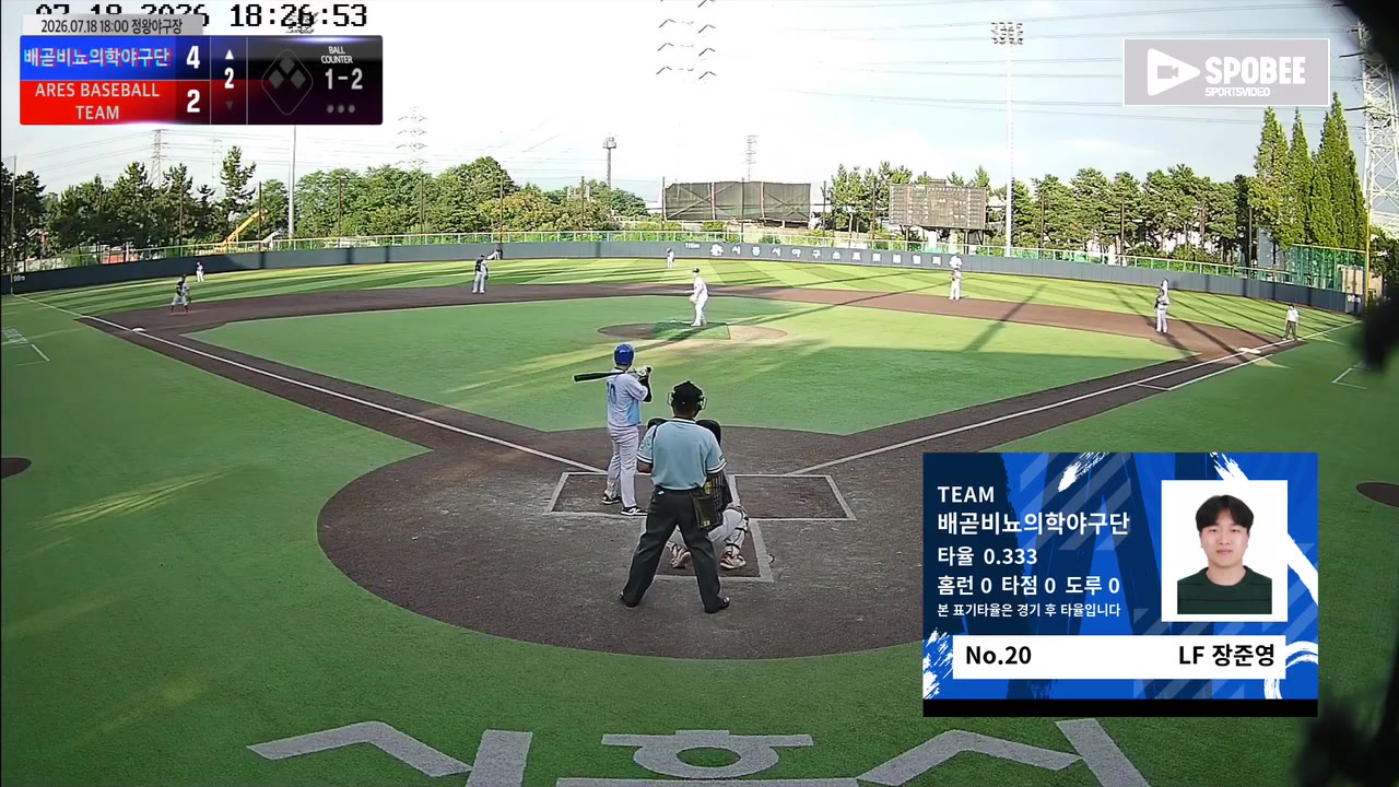 장준영(20번, 배곧비뇨의학야구단) 사구 클립 | vs ARES BASEBALL TEAM(ASURA) | 7/18 (정왕야구장)