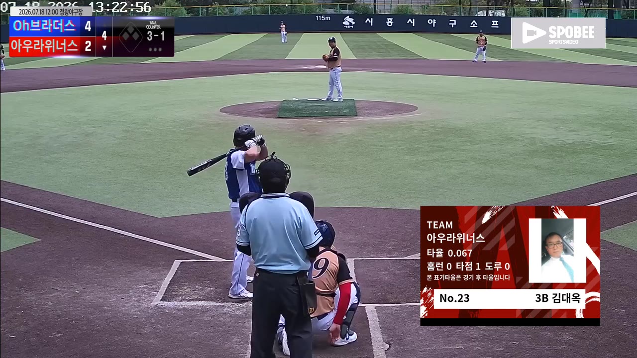 김대옥(23번, 아우라위너스) 볼넷 클립 | vs Oh브라더스 | 7/18 (정왕야구장)