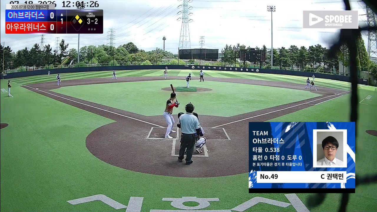 권택민(49번, Oh브라더스) 볼넷 클립 | vs 아우라위너스 | 7/18 (정왕야구장)