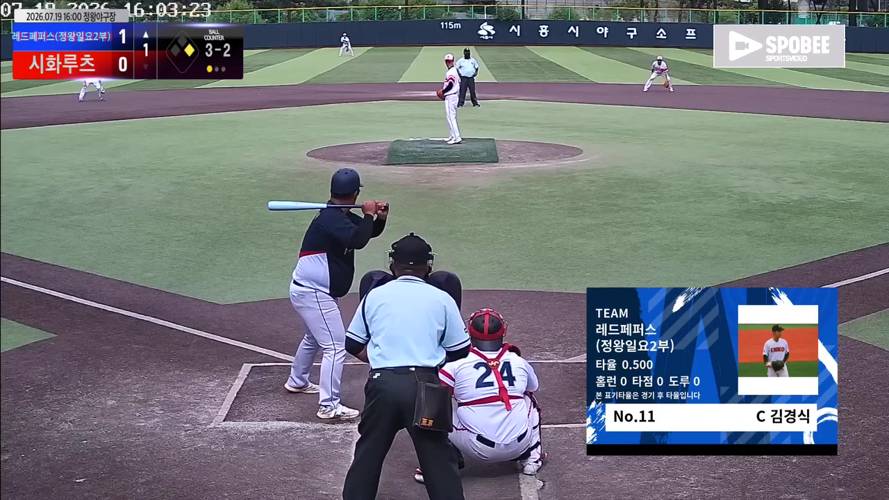 김경식(11번, 레드페퍼스(정왕일요2부)) 볼넷 클립 | vs 시화루츠 | 7/19 (정왕야구장)