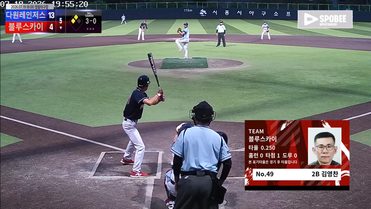 김영찬(49번, 블루스카이) 볼넷 클립 | vs 다원레인저스 | 7/19 (정왕야구장)