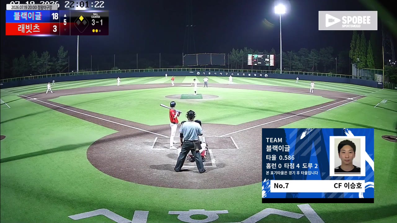 이승호(7번, 블랙이글) 볼넷 클립 | vs 래빗츠 | 7/19 (정왕야구장)