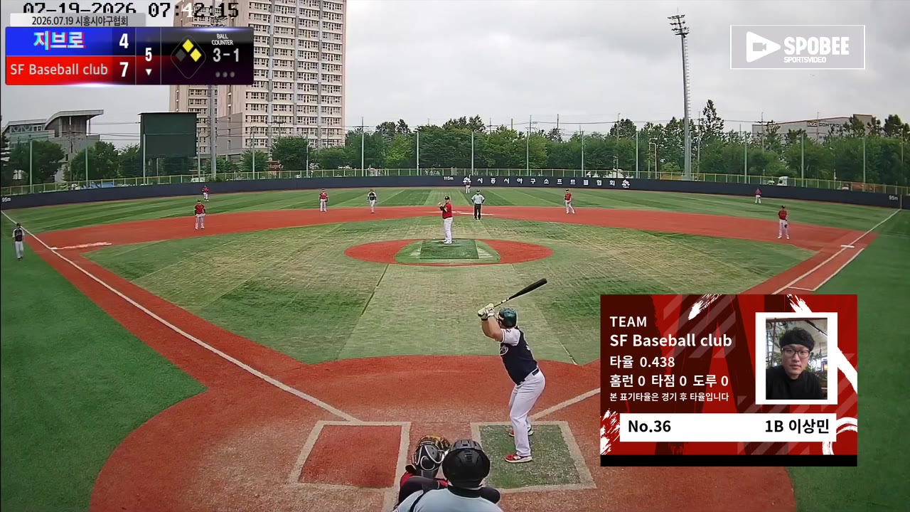 이상민(36번, SF Baseball club) 볼넷 클립 | vs 지브로 | 7/19 (소망야구장)