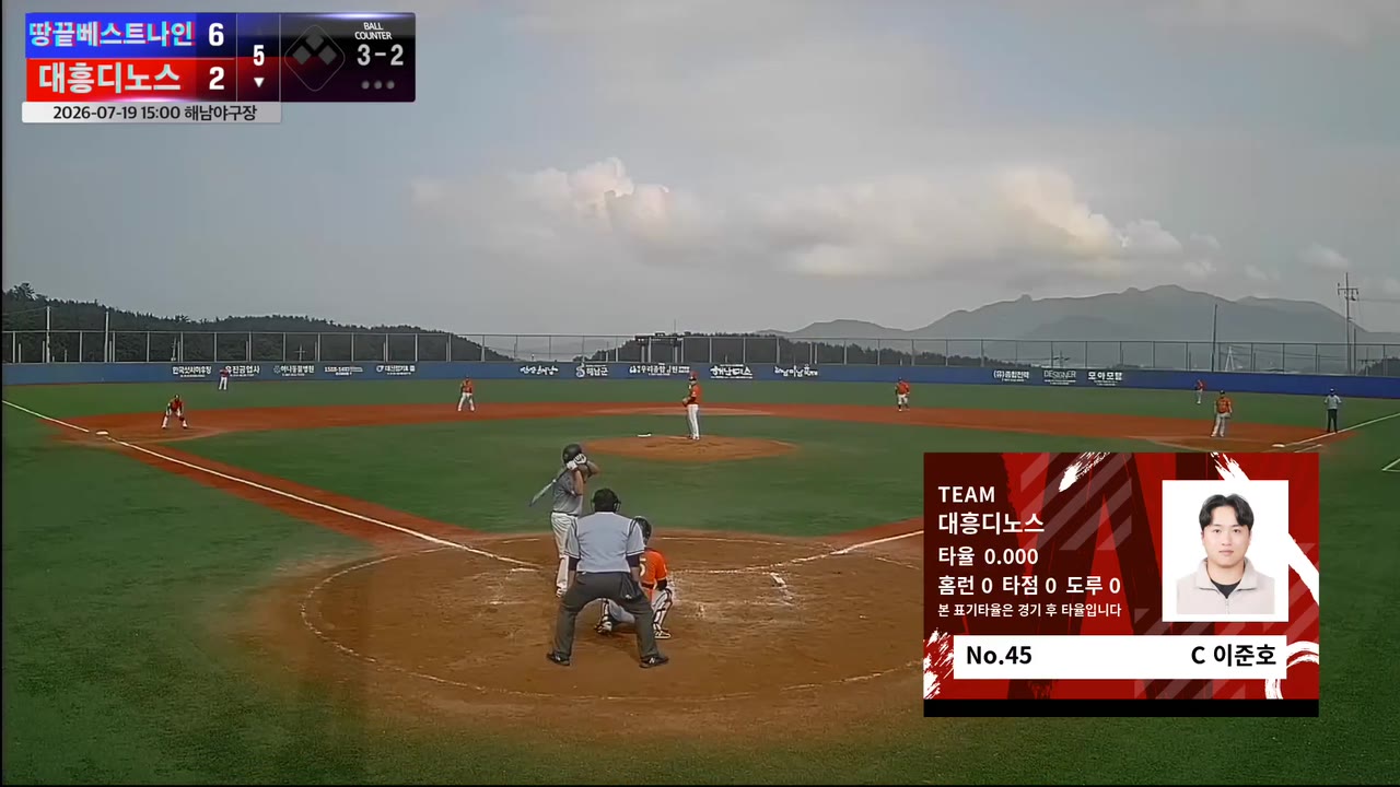 이준호(45번, 대흥디노스) 볼넷 클립 | vs 땅끝베스트나인 | 7/19 (해남야구장)