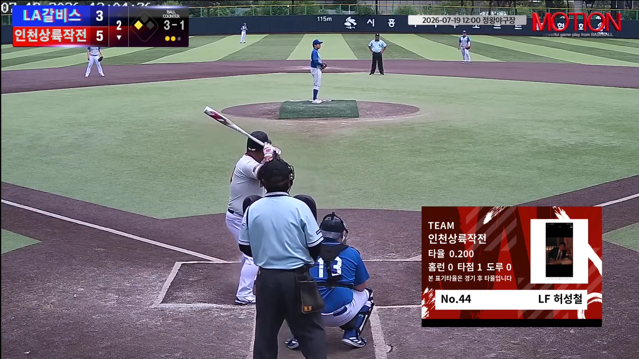 허성철(44번, 인천상륙작전) 볼넷 클립 | vs LA갈비스 | 7/19 (정왕야구장)