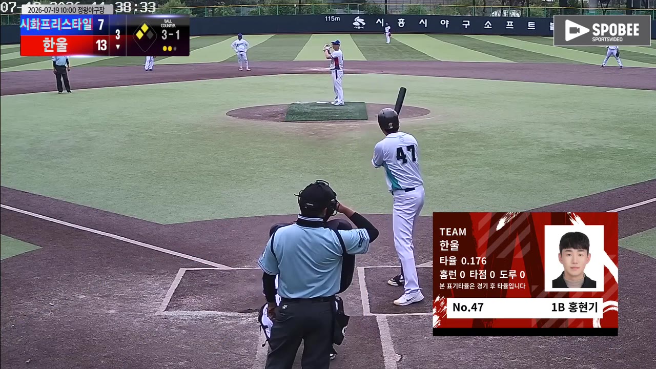 홍현기(47번, 한울) 볼넷 클립 | vs 시화프리스타일 | 7/19 (정왕야구장)