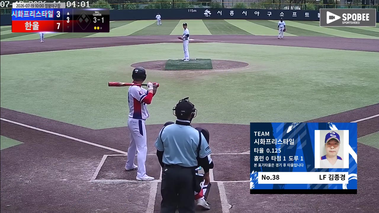 김종경(38번, 시화프리스타일) 볼넷 클립 | vs 한울 | 7/19 (정왕야구장)