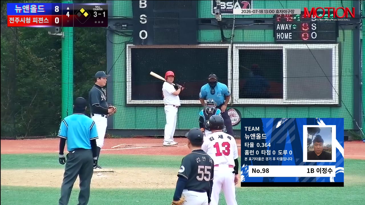 이정수(98번, 뉴앤올드) 볼넷 클립 | vs 전주시청 피젼스 (Jeonju Pigeons) | 7/18 (효자야구장)