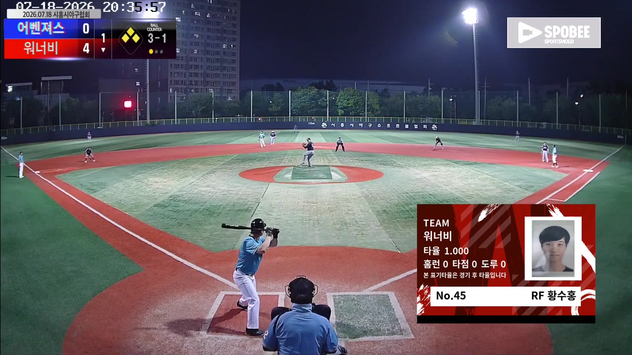 황수홍(45번, 워너비) 볼넷 클립 | vs 어벤져스 | 7/18 (소망야구장)