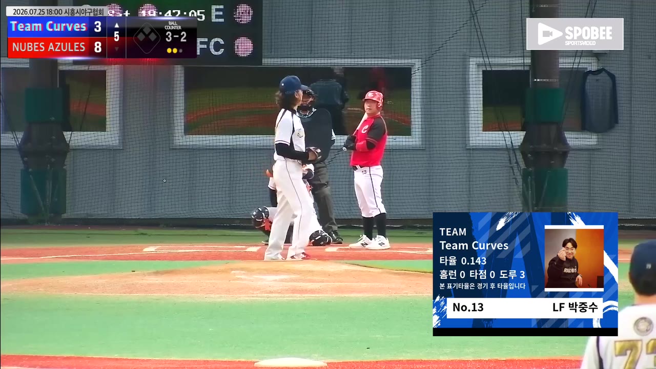 박중수(13번, Team Curves) 볼넷 클립 | vs NUBES AZULES | 7/25 (에코피아야구장)