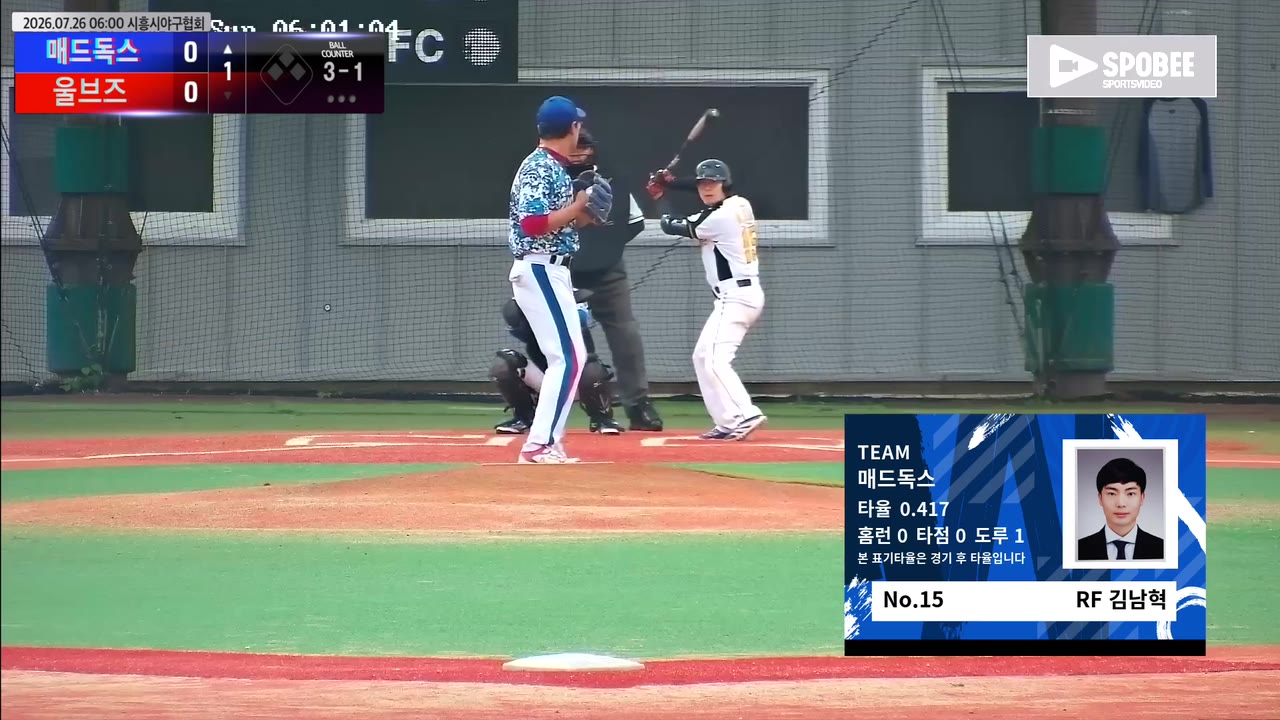 김남혁(15번, 매드독스) 볼넷 클립 | vs 울브즈 | 7/26 (에코피아야구장)