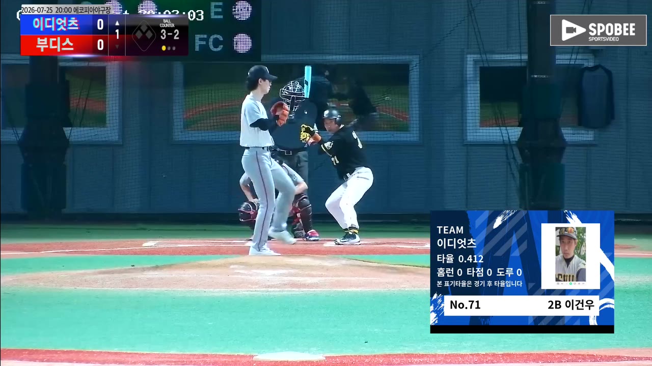 이건우(71번, 이디엇츠) 볼넷 클립 | vs 부디스 | 7/25 (에코피아야구장)
