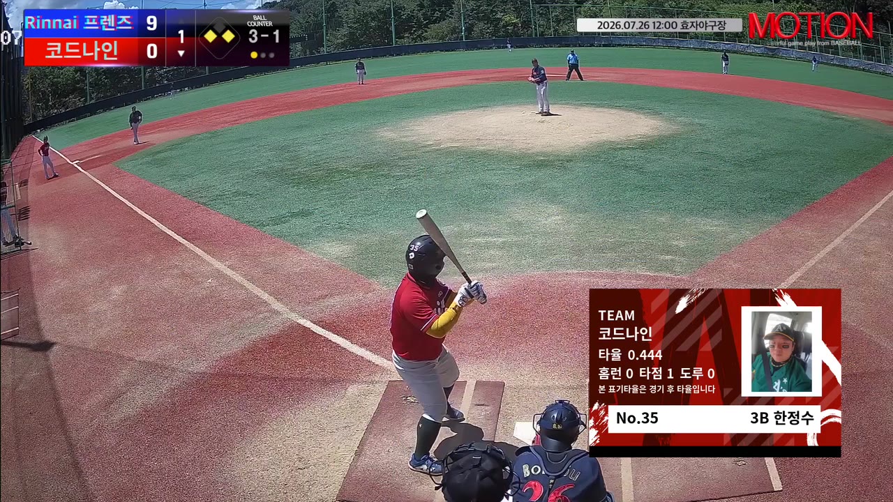 한정수(35번, 코드나인) 볼넷 클립 | vs Rinnai 프렌즈 | 7/26 (효자야구장)