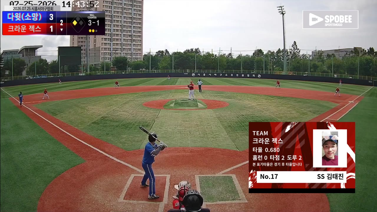 김태진(17번, 크라운 젝스) 볼넷 클립 | vs 다윗(소망) | 7/25 (소망야구장)
