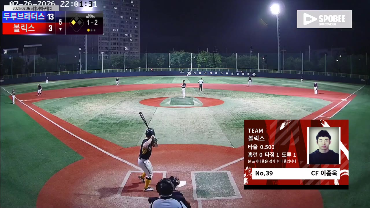 이종욱(39번, 볼릭스) 사구 클립 | vs 두루브라더스 | 7/26 (소망야구장)