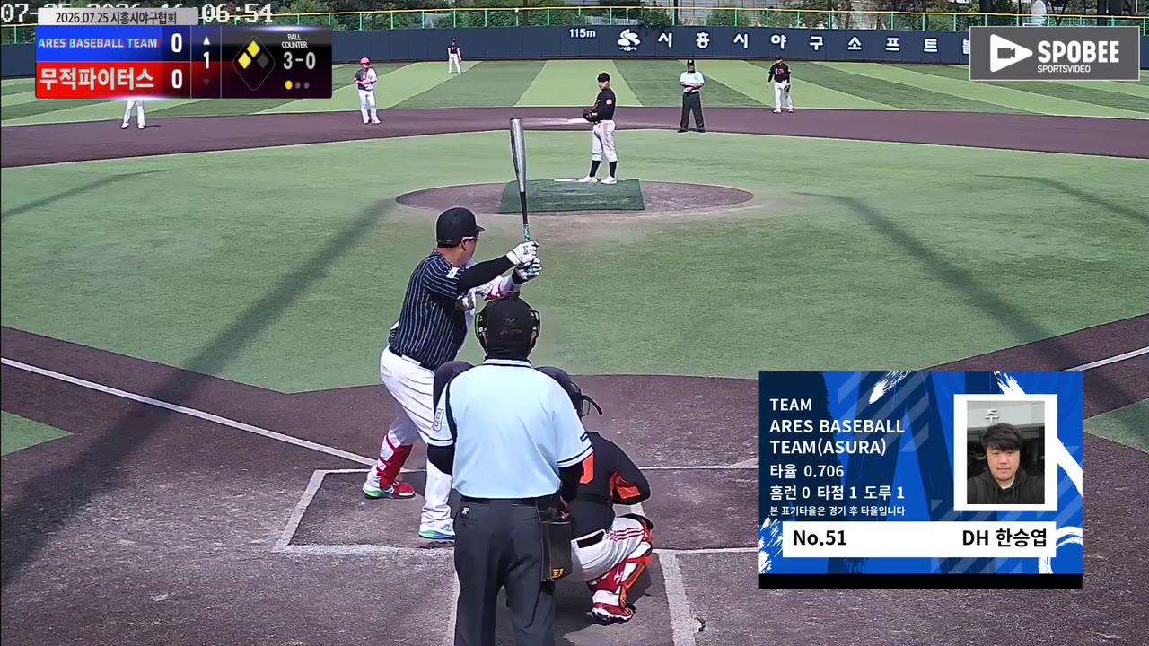 한승엽(51번, ARES BASEBALL TEAM(ASURA)) 볼넷 클립 | vs 무적파이터스 | 7/25 (정왕야구장)