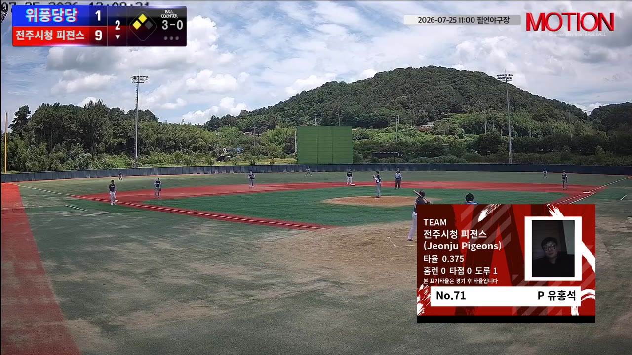 유홍석(71번, 전주시청 피젼스 (Jeonju Pigeons)) 1루타 클립 | vs 위풍당당 | 7/25 (필연야구장)