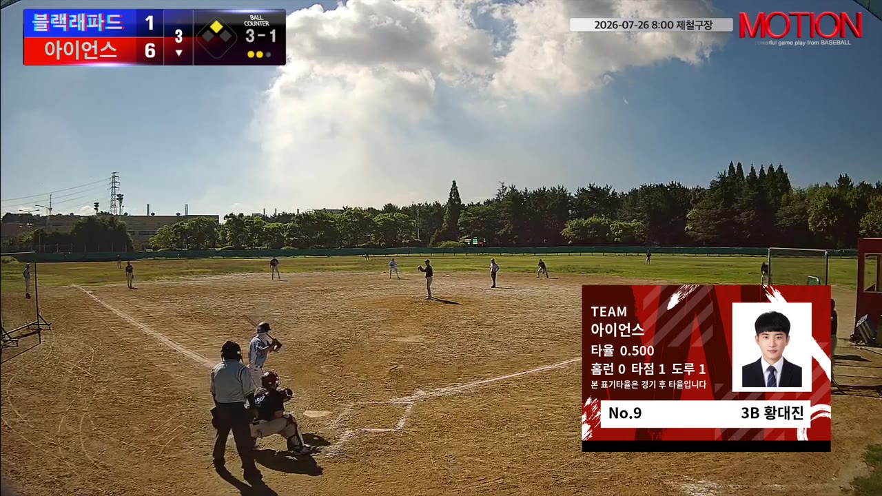 황대진(9번, 아이언스) 볼넷 클립 | vs 블랙래파드 | 7/26 (제철구장)