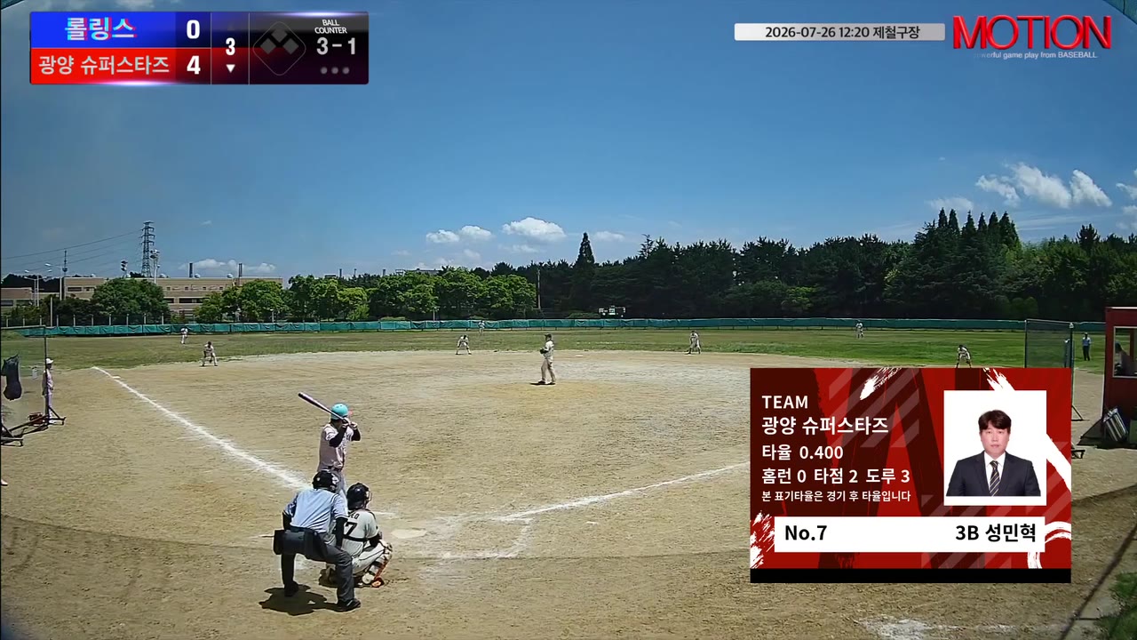 성민혁(7번, 광양 슈퍼스타즈) 볼넷 클립 | vs 롤링스 | 7/26 (제철구장)