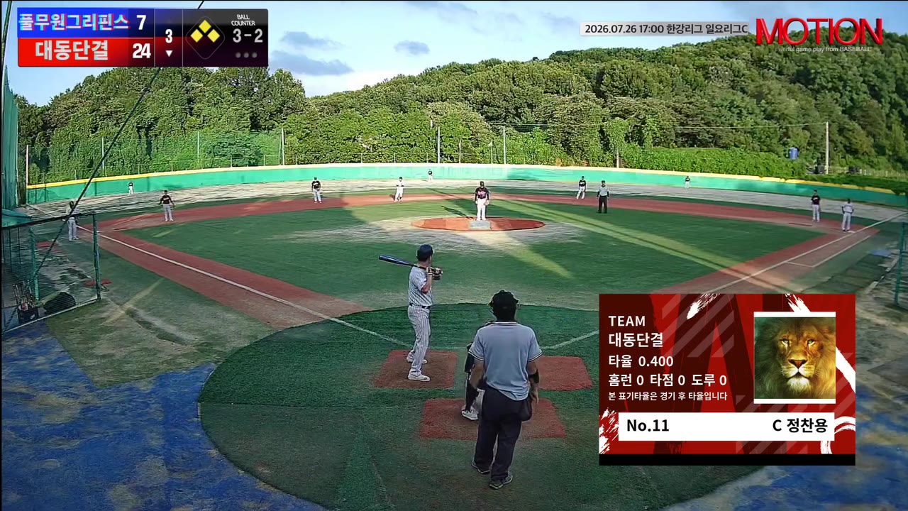 정찬용(11번, 대동단결) 볼넷 클립 | vs 풀무원그리핀스 | 7/26 (고촌 야구장)