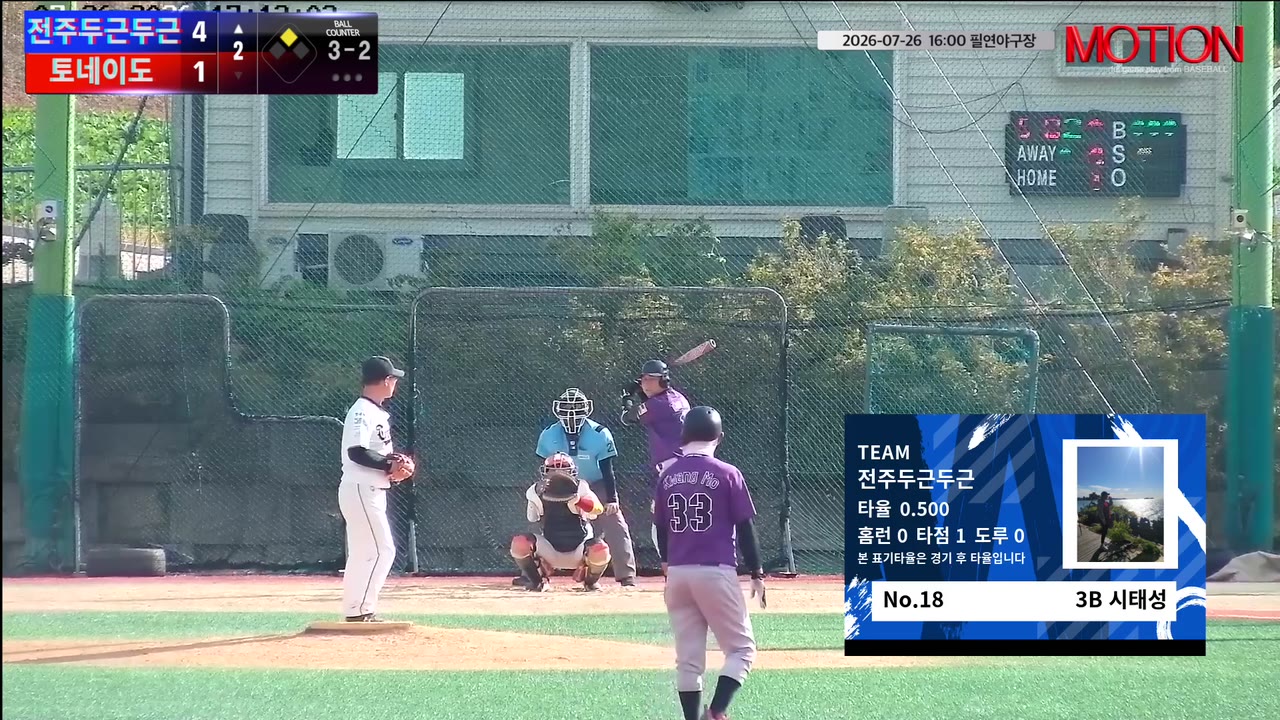 시태성(18번, 전주두근두근) 볼넷 클립 | vs 토네이도 | 7/26 (필연야구장)