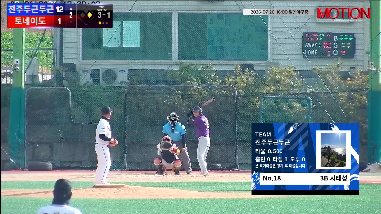 시태성(18번, 전주두근두근) 볼넷 클립 | vs 토네이도 | 7/26 (필연야구장)