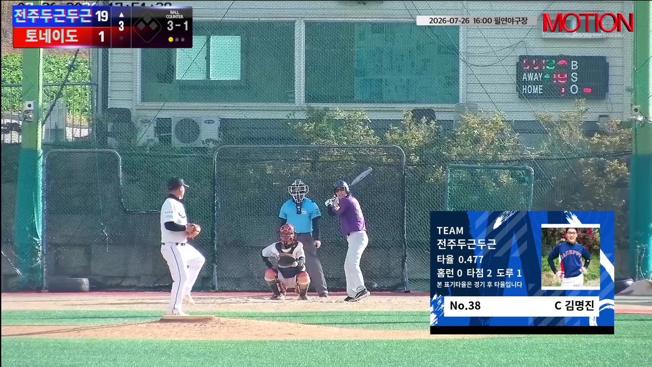 김명진(38번, 전주두근두근) 3루타 클립 | vs 토네이도 | 7/26 (필연야구장)