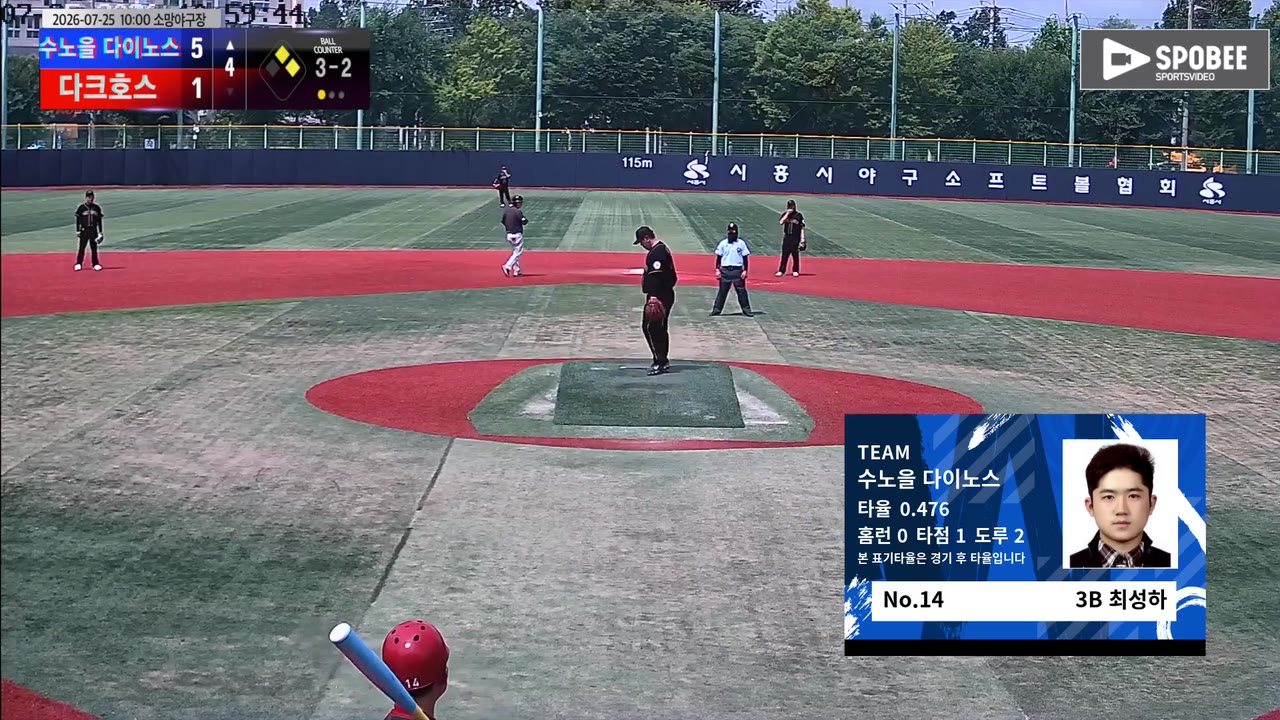 최성하(14번, 수노을 다이노스) 볼넷 클립 | vs 다크호스 | 7/25 (소망야구장)