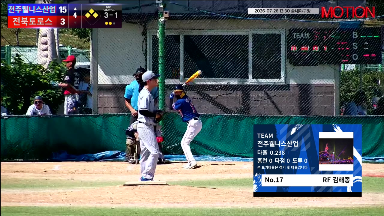 김해종(17번, 전주웰니스산업) 볼넷 클립 | vs 전북토로스 | 7/26 (솔내야구장)