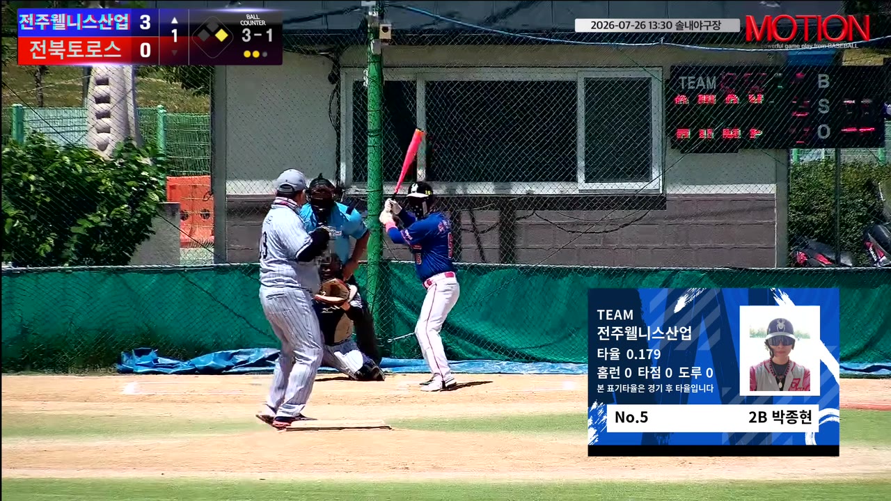 박종현(5번, 전주웰니스산업) 사구 클립 | vs 전북토로스 | 7/26 (솔내야구장)