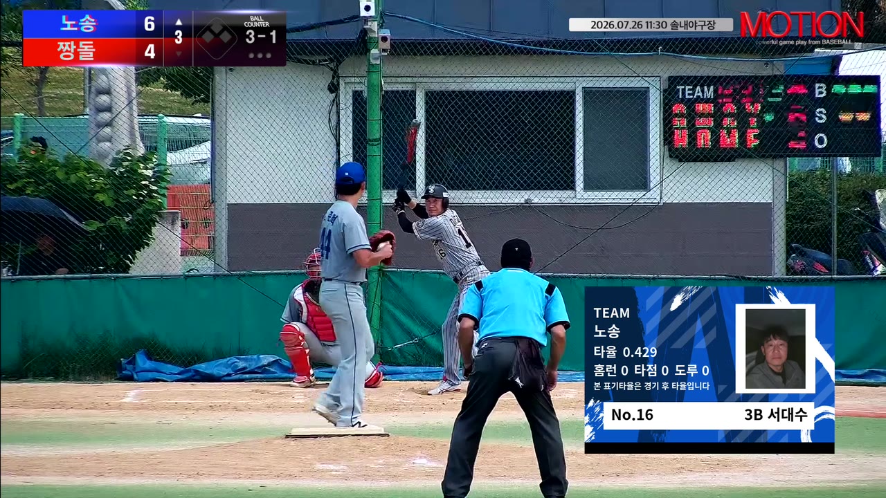 서대수(16번, 노송) 볼넷 클립 | vs 짱돌 | 7/26 (솔내야구장)