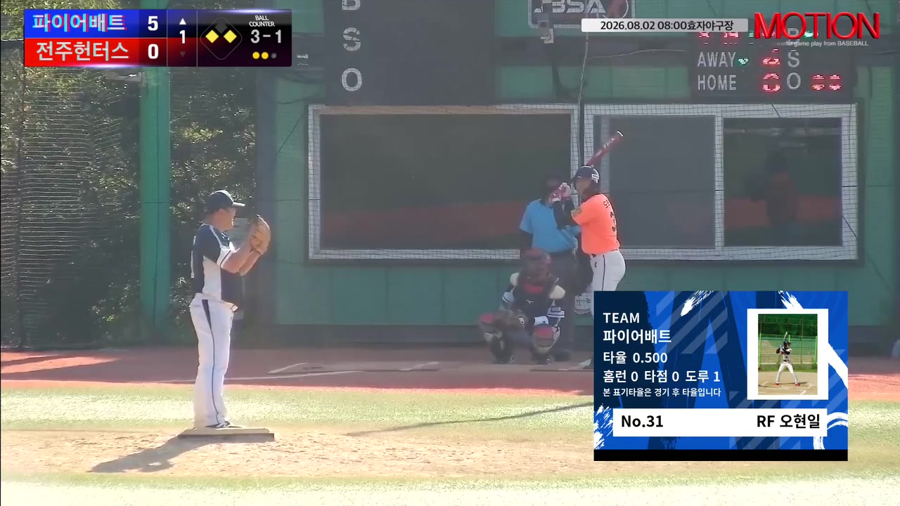 오현일(31번, 파이어배트) 2루타 클립 | vs 전주헌터스 | 8/2 (효자야구장)