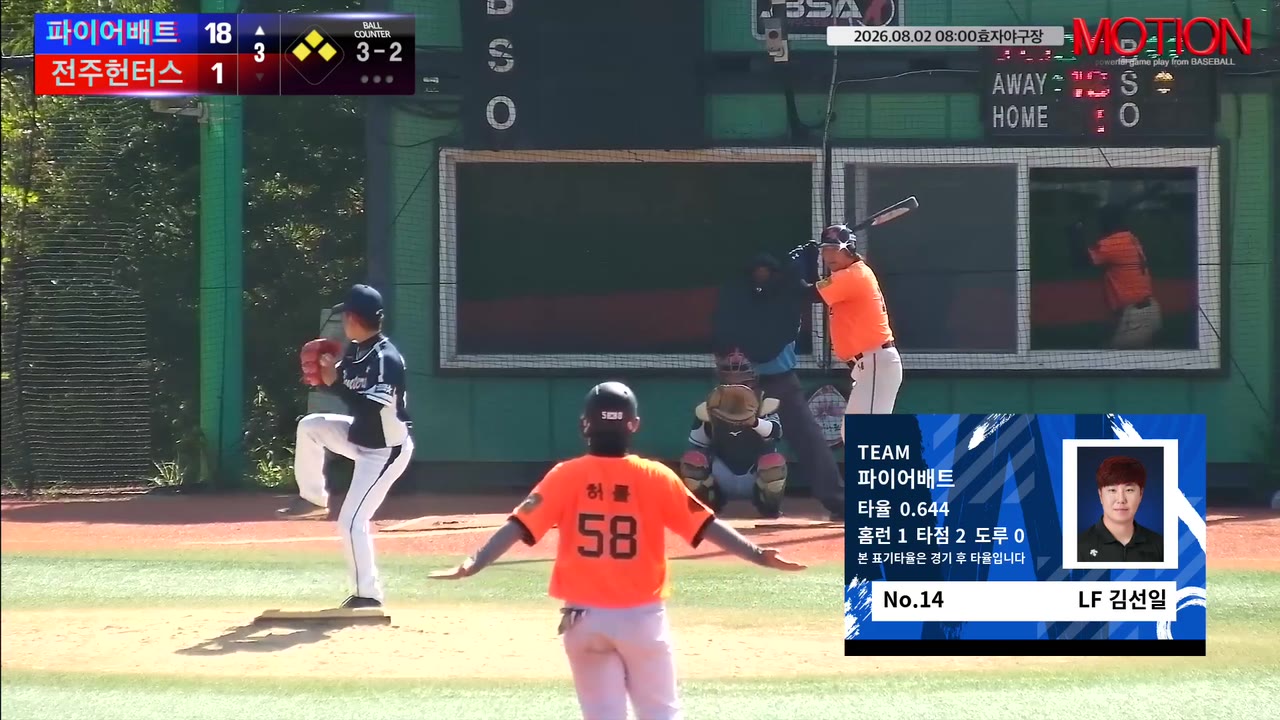 김선일(14번, 파이어배트) 1루타 클립 | vs 전주헌터스 | 8/2 (효자야구장)