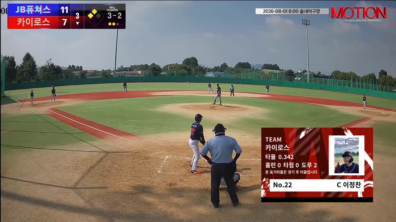 이정찬(22번, 카이로스) 1루타 클립 | vs JB퓨쳐스 | 8/1 (솔내야구장)