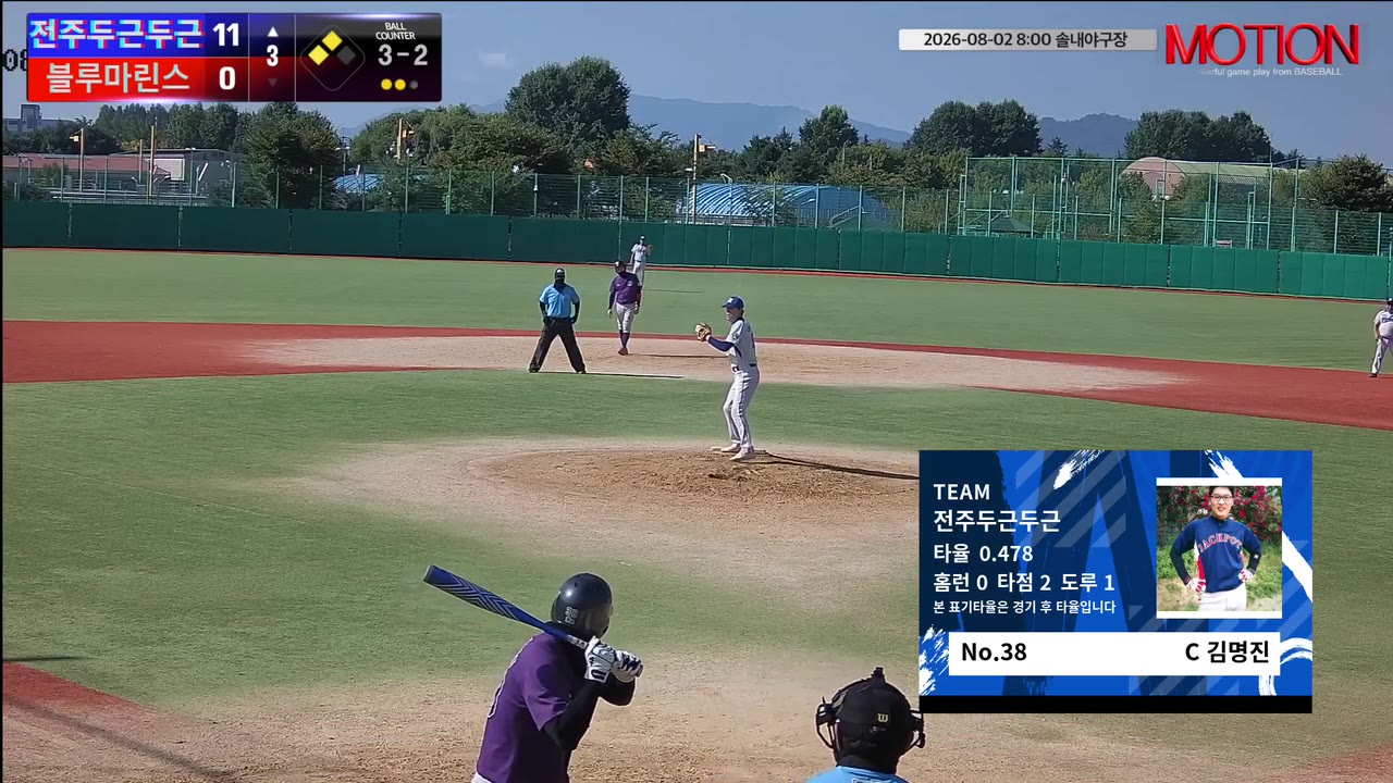 김명진(38번, 전주두근두근) 볼넷 클립 | vs 블루마린스 | 8/2 (솔내야구장)