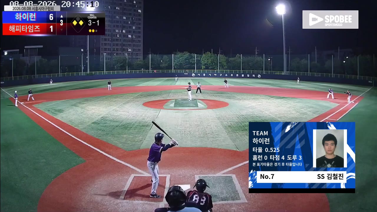 김철진(7번, 하이런) 1루타 클립 | vs 해피타임즈 | 8/8 (소망야구장)