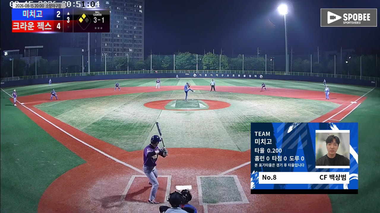백상범(8번, 미치고) 볼넷 클립 | vs 크라운 젝스 | 8/15 (소망야구장)