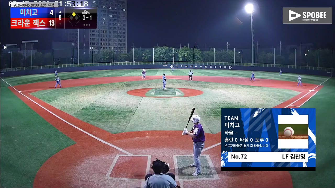 김찬영(72번, 미치고) 볼넷 클립 | vs 크라운 젝스 | 8/15 (소망야구장)