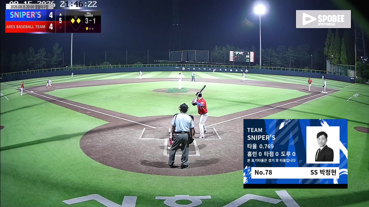 박정현(78번, SNIPER'S) 2루타 클립 | vs ARES BASEBALL TEAM(ASURA) | 8/15 (정왕야구장)