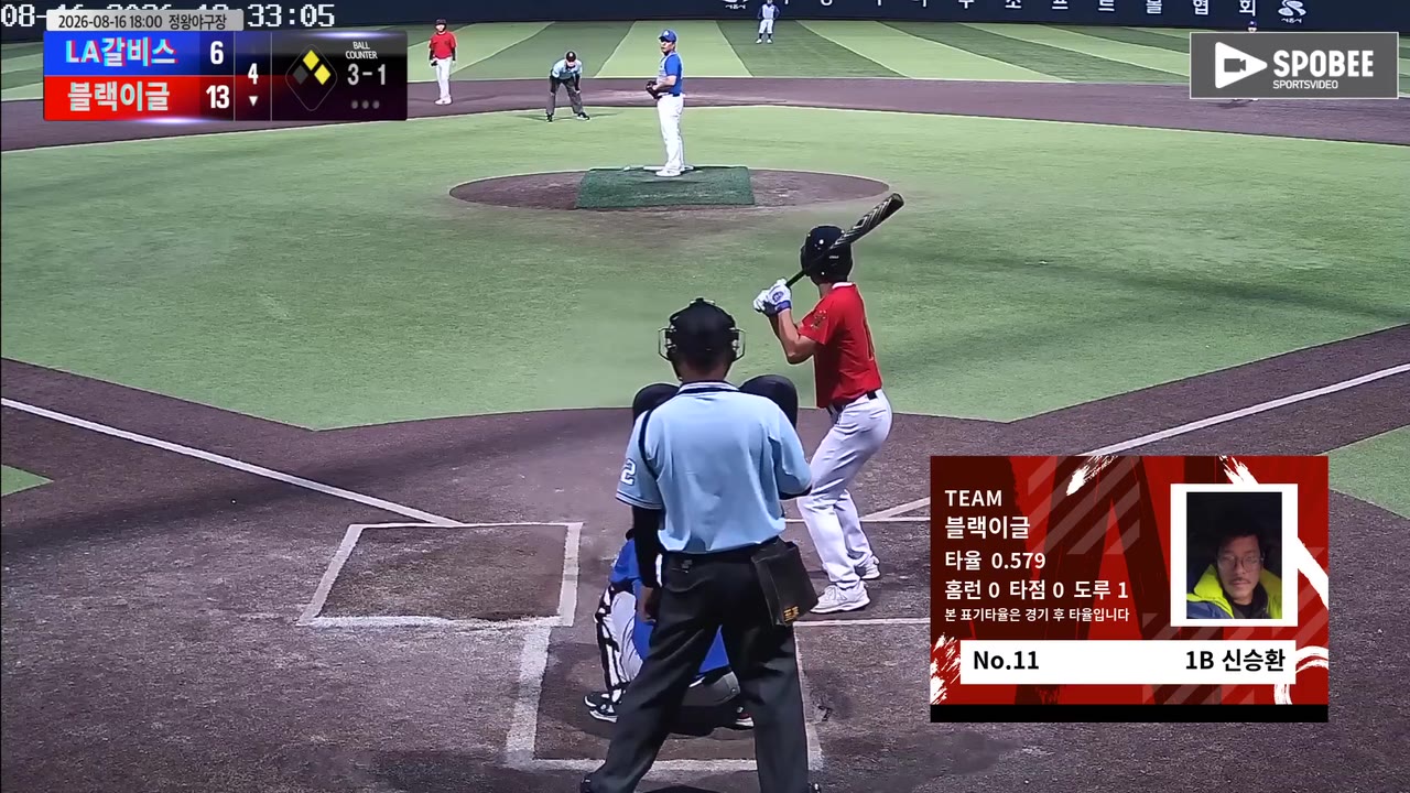신승환(11번, 블랙이글) 1루타 클립 | vs LA갈비스 | 8/16 (정왕야구장)