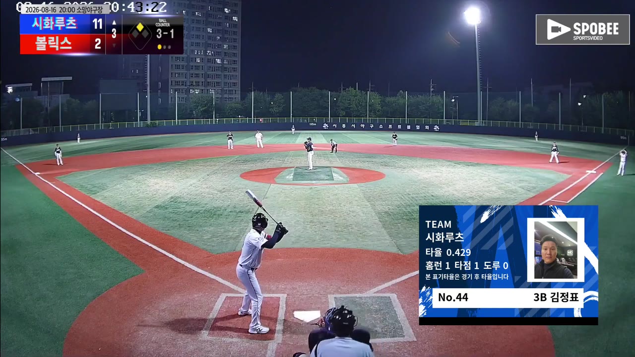 김정표(44번, 시화루츠) 볼넷 클립 | vs 볼릭스 | 8/16 (소망야구장)